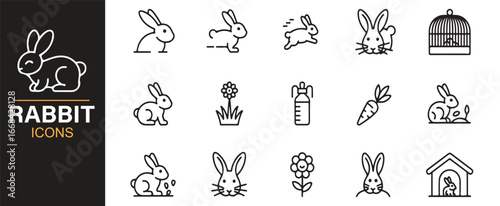 Vector set of rabbit icons with bunnies, cages, carrots, and pet care elements in line art.