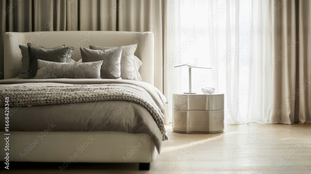 Fototapeta premium Elegant Scandinavian bedroom featuring a white bed with silver accents and cozy throw. Minimalist bedside table and metallic framed mirror reflect gentle daylight, concept of home decor