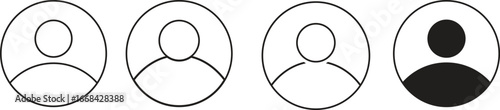 User profile icon set with simple avatar symbols in circle outline and filled style, minimal people pictogram collection for account, login, contact, and identity design.
