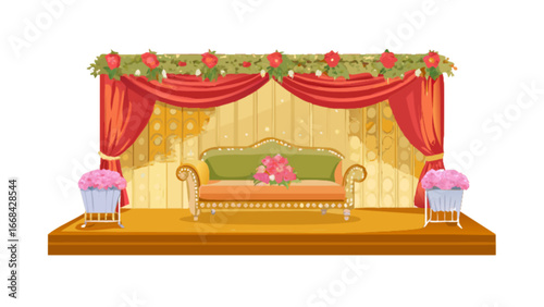 Elegant wedding stage decoration with sofa, red curtains and flower arrangements for special events design