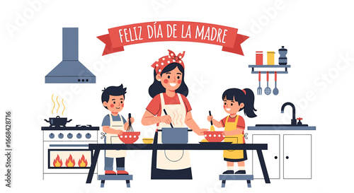 Happy Mother's Day illustration of a mother and children cooking together in a kitchen.
