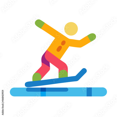 Cartoon character snowboarding on colorful snowboard in winter  