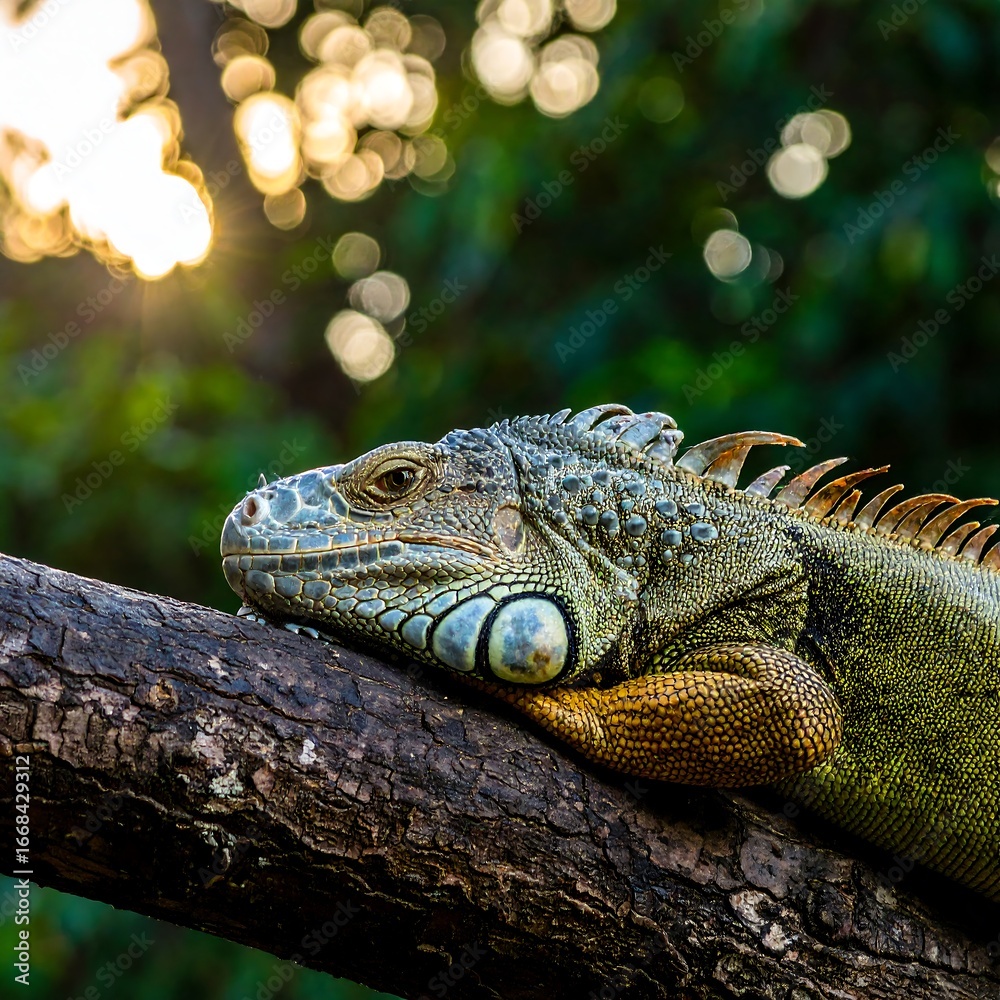 Obraz premium A close-up of a serene iguana resting on a weathered branch, bathed in the golden light of dawn. The iguana's intricate scales and the textures of the bark are beautifully highlighted.