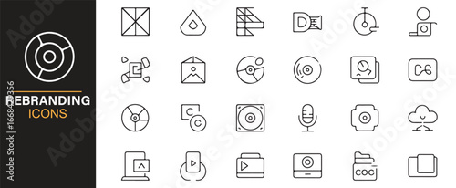 Collection of icons showing rebranding strategy, brand communication, and identity.