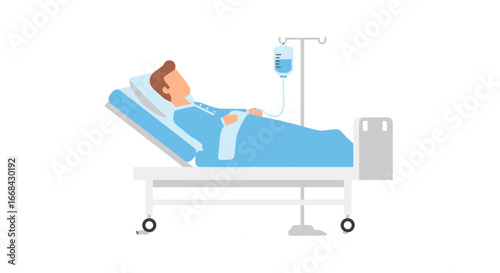 A man rests in a hospital bed receiving intravenous fluids.