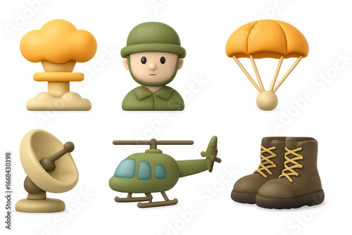 3d military icons set: soldier, helicopter, parachute, and more