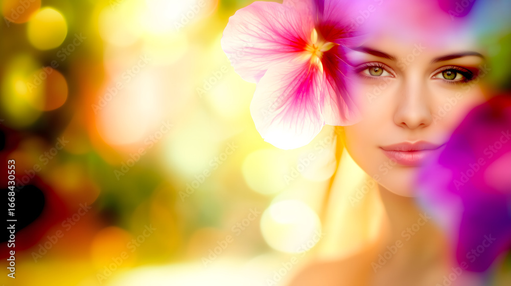 Fototapeta premium Natural beauty portrait with vibrant floral elements for skincare, wellness, and cosmetic branding