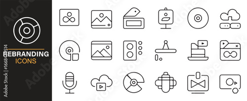 Vector icons representing rebranding strategies, packaging, and advertising concepts.