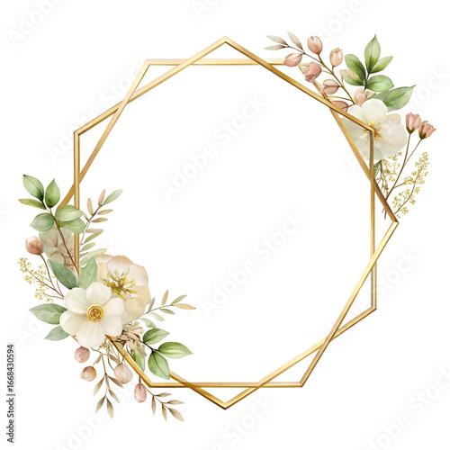 Elegant Watercolor Floral Frame: Gold Geometric Design, Soft Hues, Romantic Mood, Wedding Invitation Template.