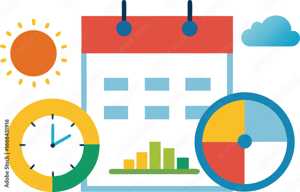 Obraz premium Seasonal infographic clock and calendar vector illustration for time management and planning