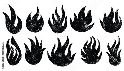 Set of fire flame icons collection. Hand drawn bonfire engraved monochrome silhouette sketch paint. Grunge brush spray grafitti fire illustration. Doodle y2k flames symbols flat vintage style vector.