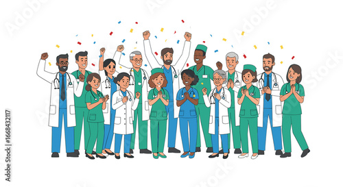 Group of diverse doctors and nurses celebrating with raised arms and applause under falling confetti.