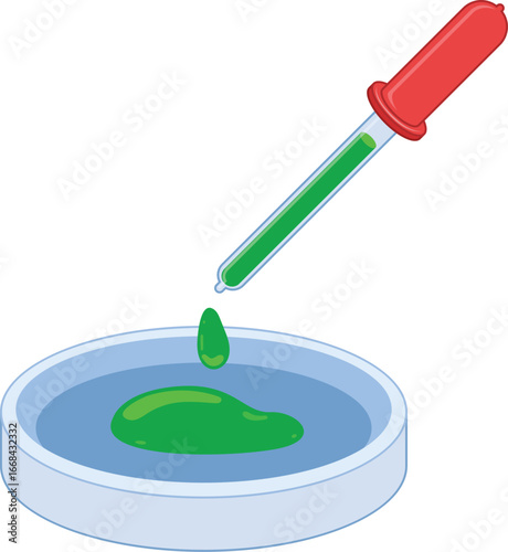 A dropper releasing green liquid onto a petri dish.