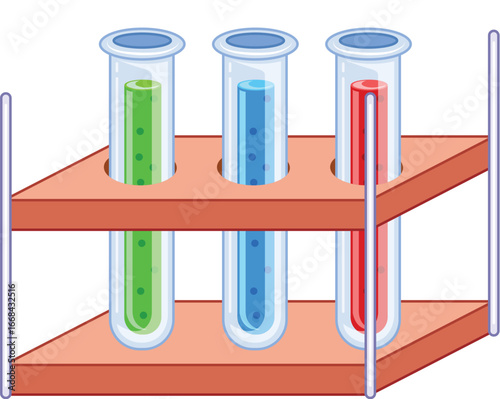 Three colorful test tubes on a wooden rack.