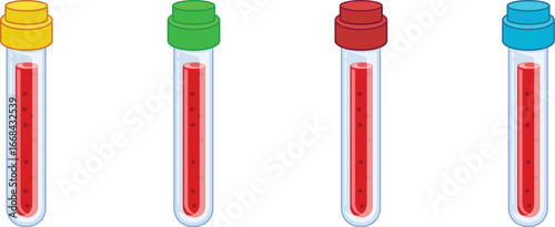 Colorful test tubes with red liquid for scientific analysis.