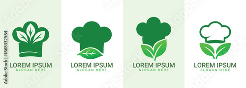 Green Chef Hat Logo Set Organic Cooking and Natural Food Icons

