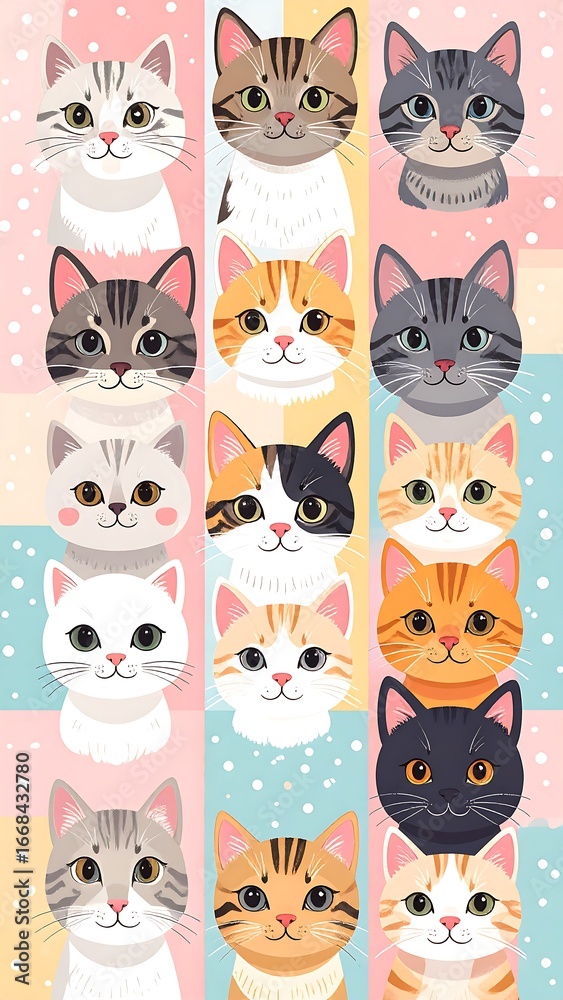 Fototapeta premium A whimsical pattern of various charming cat faces, arranged in a grid, features cheerful expressions and pastel colors.