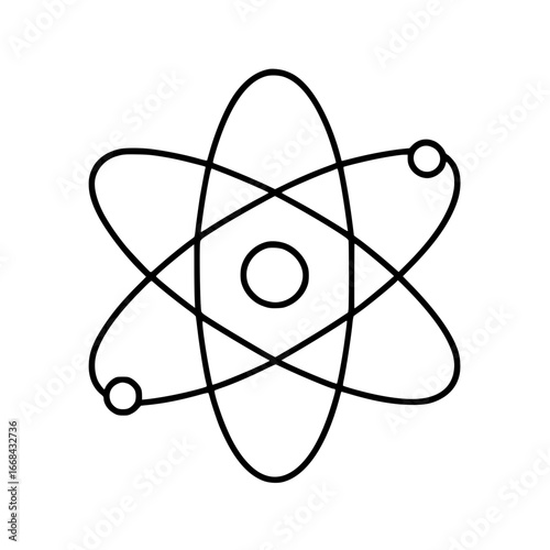 A classic atom emblem with nucleus and orbital paths in a solid black silhouette