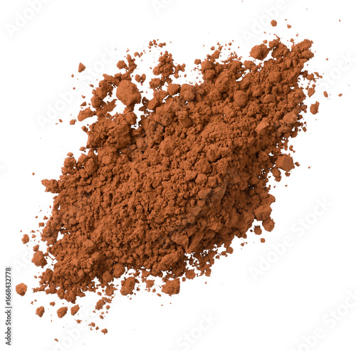 Raw cocoa powder isolated on white background, top view.