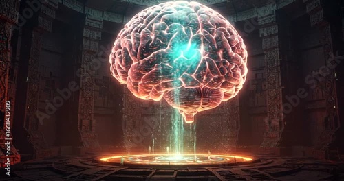 Futuristic glowing brain in a mystical ancient temple