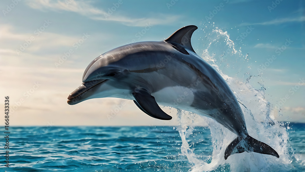 Fototapeta premium Graceful Power of Dolphins in Mid-Air Leaps Against Coastal Backdrops—Capturing Marine Beauty, Natural Motion, and Wildlife Wonder Stunning Ocean Scene Perfect for Nature Lovers, 8K image 