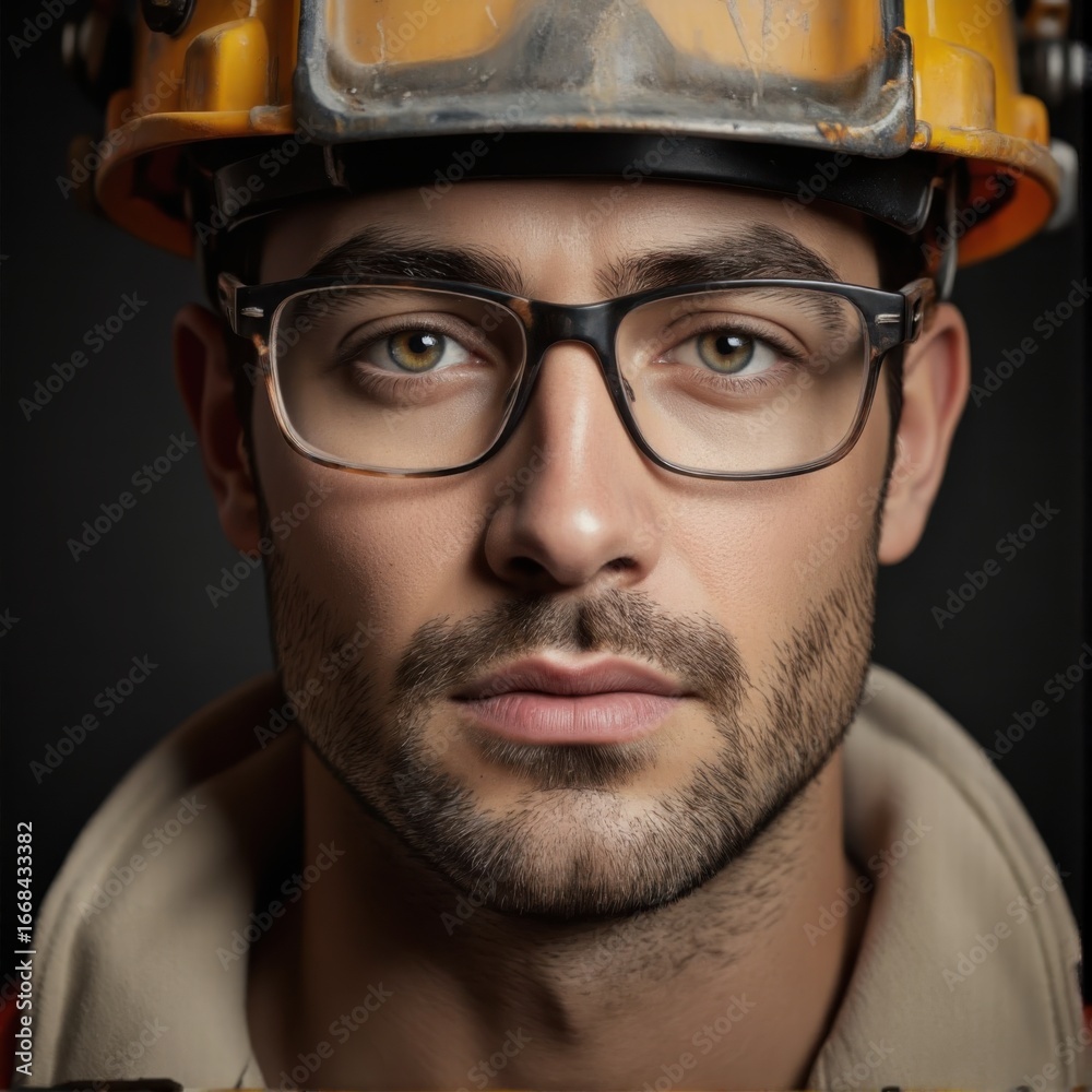 Fototapeta premium A closeup portrait of a construction worker wearing safety gear Professional Worker Portrait person employee capture subject in a way that resembles a still frame from a movie cine