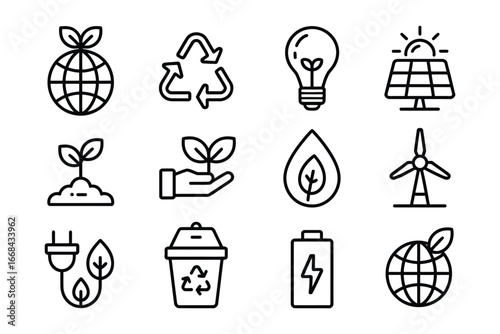Green Ecology and Renewable Energy Line Icon Set – Sustainability, Recycling, Solar Power, and Wind Energy Symbols