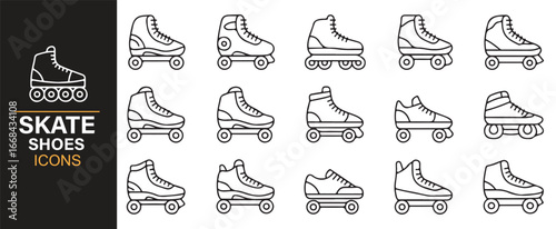 Minimalist skate shoe icons featuring roller, quad, and inline skates in vector style.