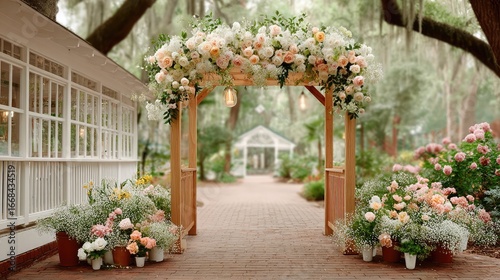 A romantic floral arch adorned with white and blush roses, eucalyptus, and baby breath, perfect for a wedding setting