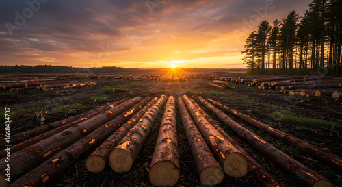 Stunning sunrise over harvested lumber logs in a forest clearing, golden hour light