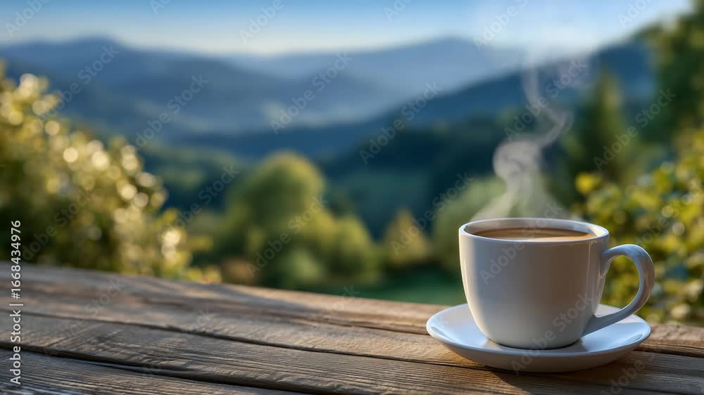 Capture the essence of morning with a steaming espresso in a classic white cup, set against a textured wooden surface and blurred coffee plants on distant hills. Capture the essence of morning with a steaming espresso in a classic white cup, set against a textured wooden surface and blurred coffee plants on distant hills.
