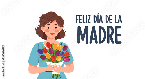 Woman holding a bouquet of colorful tulips, celebrating Mother's Day.