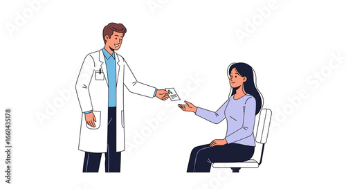 A doctor hands a prescription to a seated patient, offering medical care.