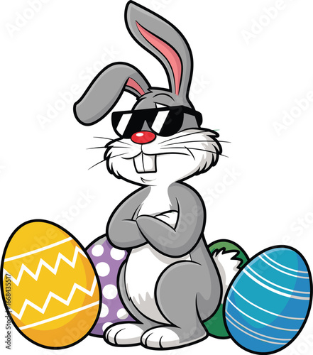 Cartoon bunny with Easter eggs, sunglasses, confident pose, festive character, gray rabbit, colorful eggs, spring celebration, vector illustration, cute, animated, cheerful,