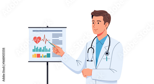 Doctor presenting cardiac health data on a flip chart.