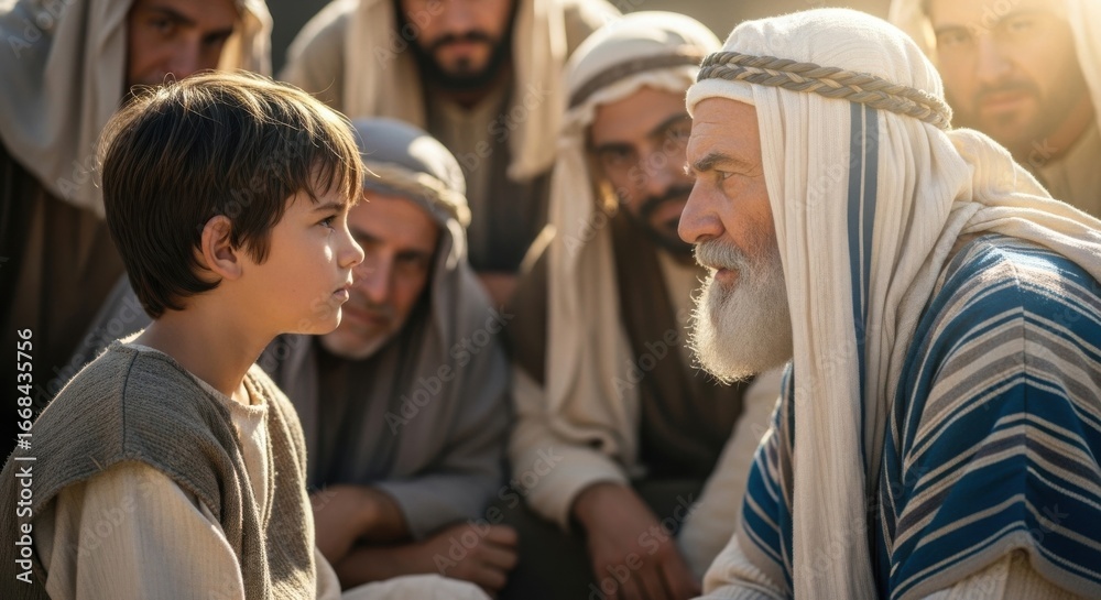 Fototapeta premium Young boy child Jesus at twelve sits in the temple among teachers, listening. Biblical scripture concept for religious studies.