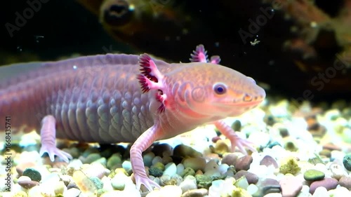 A pink axolotl with feathery gills walks on the pebbly floor of its aquatic habitat, a unique amphibian