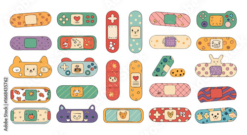 Collection of adhesive bandages featuring cute animal characters and colorful designs for children's first aid
