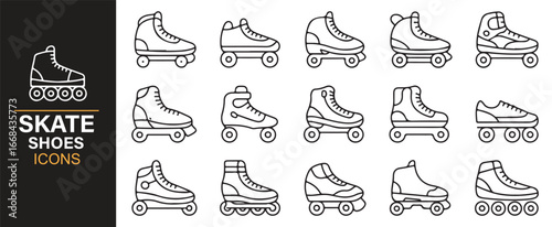 Outline icons of roller skates and inline skate shoes for sport, hobby, and lifestyle design.