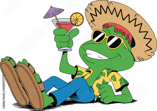 Cartoon frog relaxing with cocktail, tropical shirt, beach hat, sunglasses, summer vacation, fun character, vector illustration, chill pose, smiling, green, animated, drink, leisure, cute,