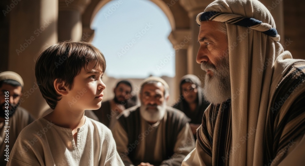 Obraz premium A young boy, Jesus, in a temple, surrounded by wise men and teachers. Biblical Christian story for religious education.
