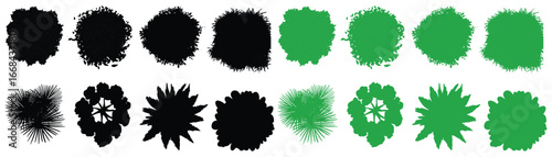 Vector set of watercolor blooming green tree top view isolated on white backdrop for landscape plan and architecture drawing, botanical elements for environment and garden flowers spring. Leaf sketch