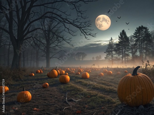 Autumnal pumpkin patch scene at dusk full moon fog bare trees pumpkins