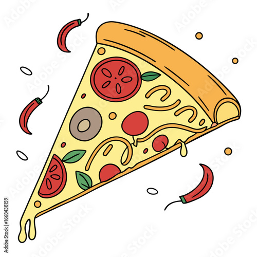 Illustration of a delicious slice of pizza with toppings on