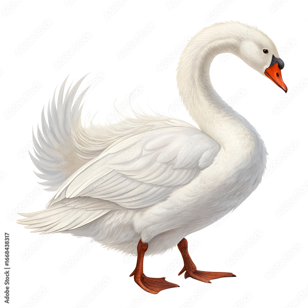 Obraz premium A white swan stands gracefully with its feathers fluffed. The bird has an elegant neck and orange beak, showcasing its beauty against a black background.