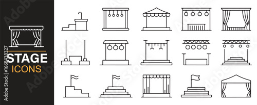 Collection of vector stage icons featuring setups for drama, concerts, and live shows.