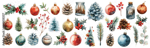 Watercolor Christmas decor elements set with pine trees, branches, cones, toys, gifts hand drawn illustrations for winter holidays celebration cards clip art