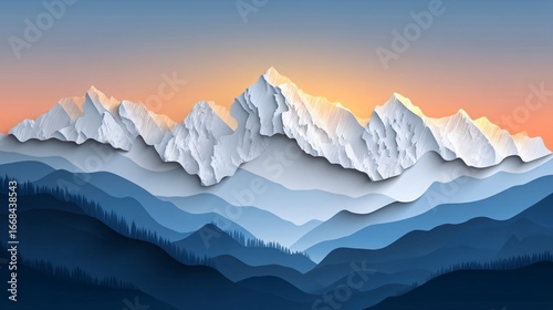 mountain range during winter sunset, layered mountain silhouettes fading into distance, soft light on snowy caps, smooth pastel sky transitions, designed with clear sky space ideal for print 