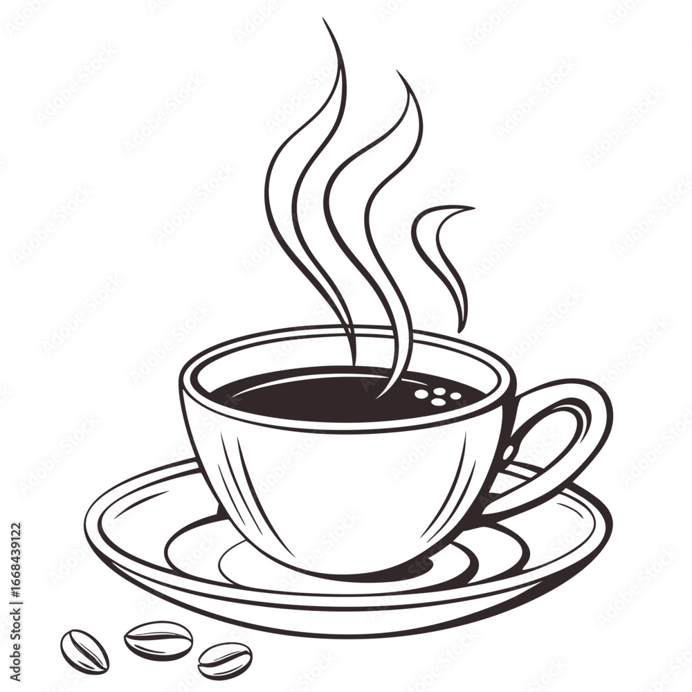 Fototapeta premium Steaming cup of coffee with beans drawing