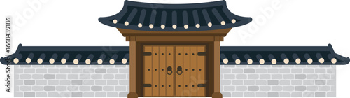 Traditional Korean Hanok Gate with Wall Vector Illustration for Cultural Heritage Design